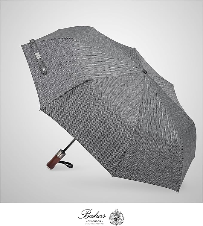 Balios (Designed in UK) Travel Umbrella Luxurious Golden Hardwood Handle Auto Open & Close Windproof Frame Single Canopy Automatic Folding Umbrella Men's & Ladies