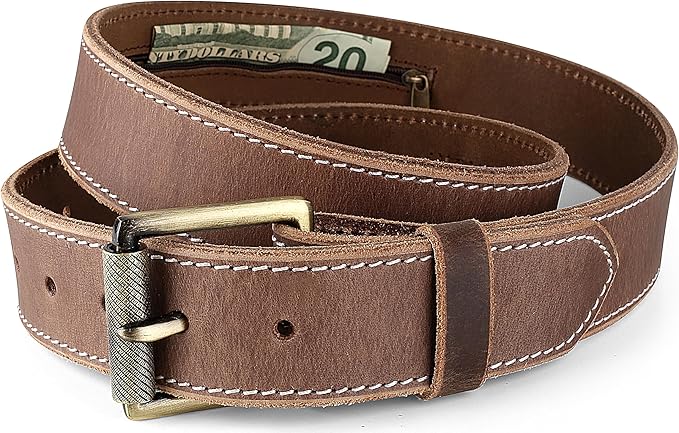 F&L CLASSIC Men’s Money Full Grain leather Belt, Hidden zipper Pocket, USA