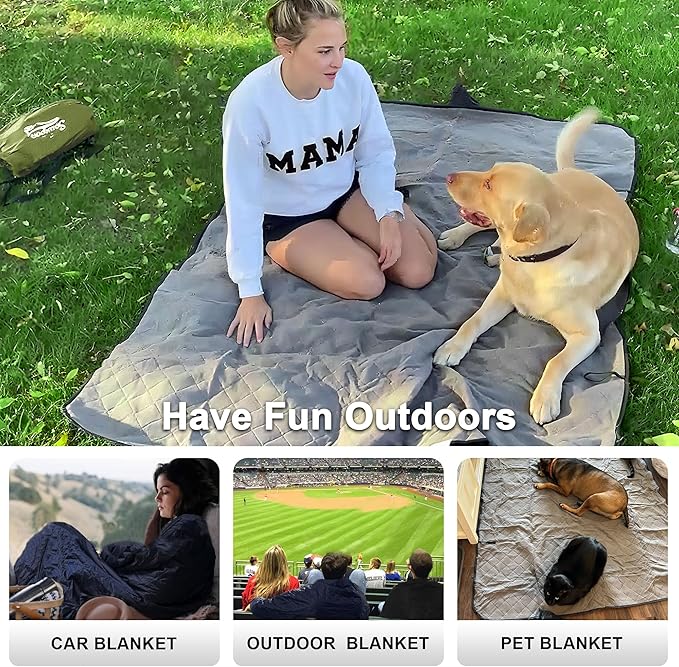 Waterproof Outdoor Blanket 82”X 55” Packable, Stadium Blankets for Camping with Quilted Fleece Lining, Large Windproof Emergency Throw Mat for Garss Picnic Hiking Road Trip, Machine Washable, Green