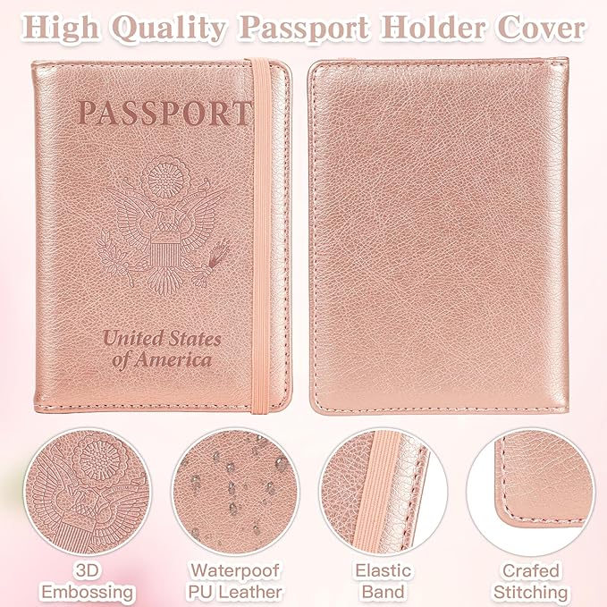 Passport Holder for Travel, RFID Blocking Passport Cover with Pen Holder Leather Passport Wallet Case Travel Must Haves Accessories Passport Book Card Holder for Family Travel Essentials, Rose Gold