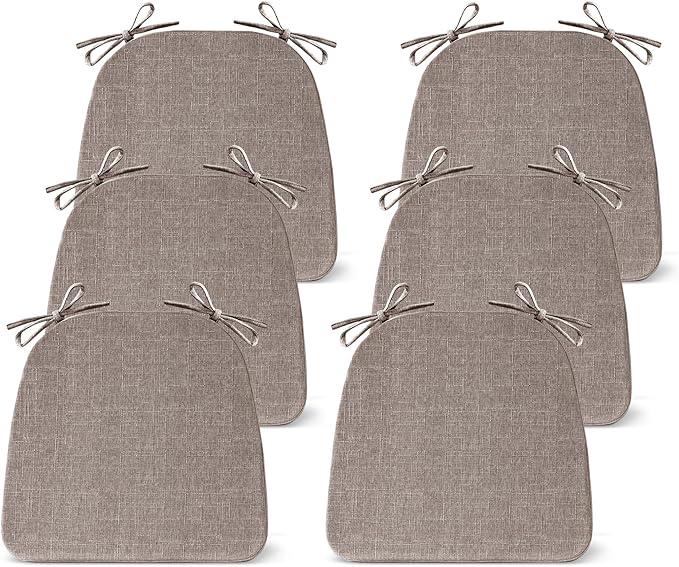 Chair Cushions for Dining Chairs Set of 6, Non Slip Kitchen Chair Pads, 17" x 16" x 2", Indoor Dining Chair Cushions with Ties, D-Shaped Seat Cushions for Kitchen Chairs, Light Brown