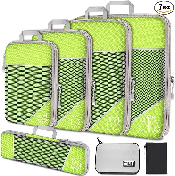 NiHome 7PCS Compression Packing Cube Set Expandable Mesh Travel Bag Luggage Organizers with Electronic Cable Cord Charger Organizer Drawstring Bag (Green)