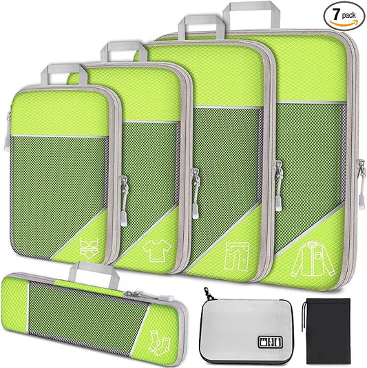 NiHome 7PCS Compression Packing Cube Set Expandable Mesh Travel Bag Luggage Organizers with Electronic Cable Cord Charger Organizer Drawstring Bag (Green)