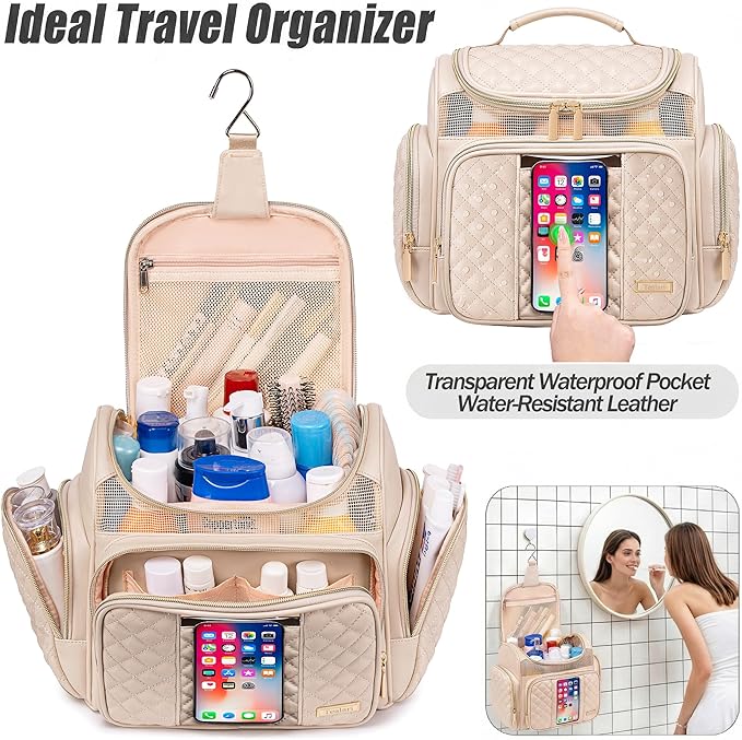 Large Leather Toiletry Bag for Women Men,Bathroom Bag,Water Resistant Shower Bag,Makeup Bag,Portable Shower Caddy for College Dorm,Hanging Travel Toiletry Bag with Transparent Waterproof Phone Pocket