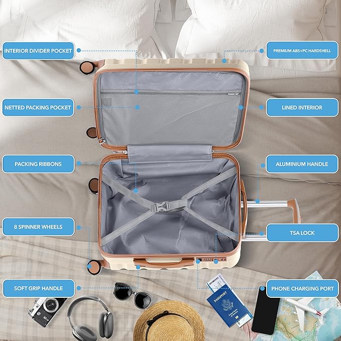 Flight Knight 24x16x10 Expandable Carry On Suitcase Hardside TSA Lock USB C Lightweight Luggage Silent Double Spinner Wheels Maximum Overhead Carry-On Bag For Virgin South West Approved Cream/Tan