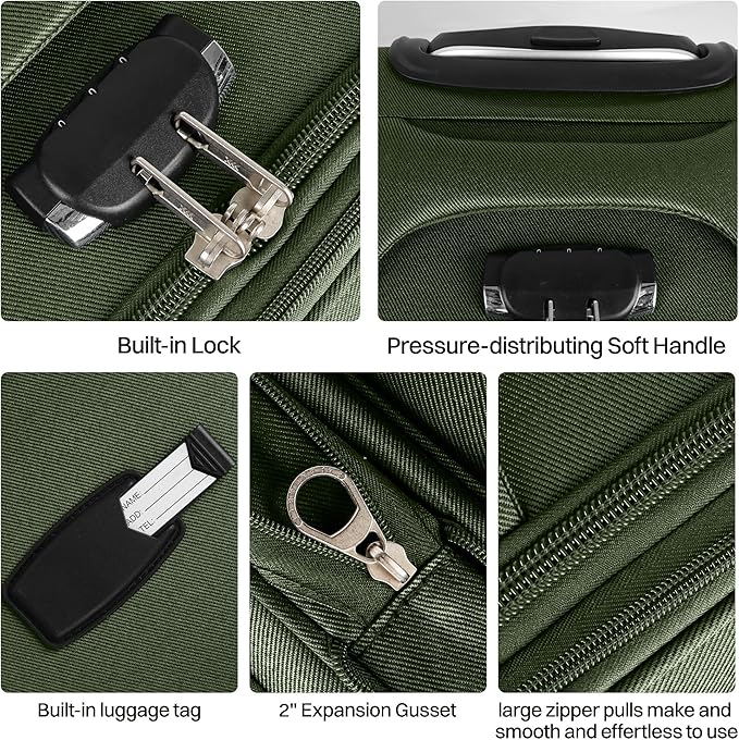 3-Piece Softside Expandable Luggage Set with Front Open Pocket,Lightweight Durable Suitcase Sets Double Spinner Wheels & w/LOCK（Green-Grey,20in/24in/28in）