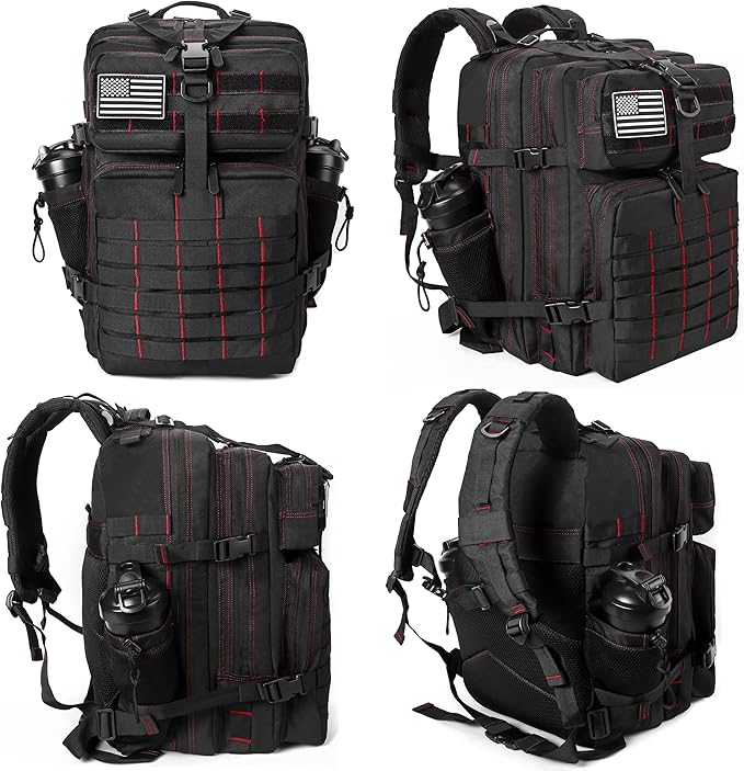 LHI Military Tactical Backpack for Men and Women 45L Army 3 Days Assault Pack Bag Large Rucksack with Molle System - Black With Red Line