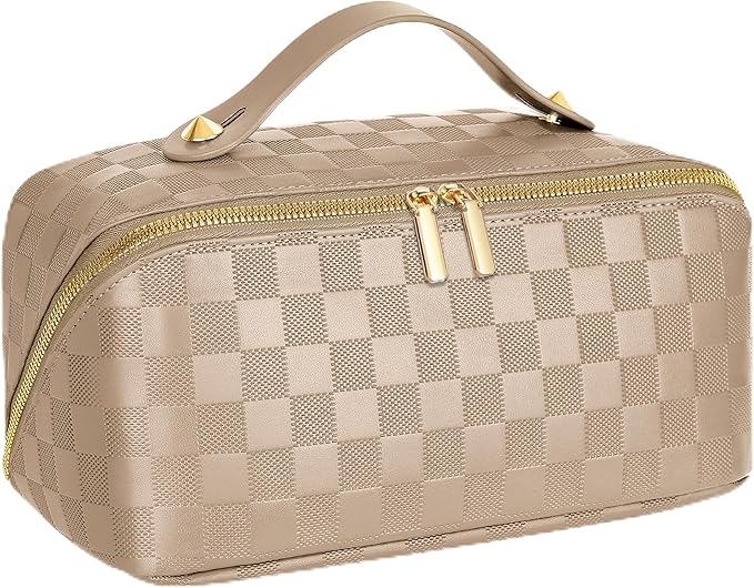 Large Capacity Travel Cosmetic Bag - Portable Makeup Bags for Women Waterproof PU Leather Checkered Makeup Organizer Bag with Dividers and Handle,Toiletry Bag for Cosmetics