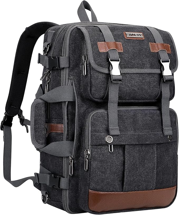 WITZMAN Canvas Travel Backpack for Men Large Laptop Backpack Fit 16 inch Carry-on Airline Approved Convertible Shoulder Rucksack(A6617-3 Black)