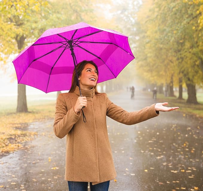 Windproof Compact Umbrella for Rain - 42” Travel Umbrella, Portable, Strong, Collapsible to 11”, Automatic Open Close Button, Vented Double Canopy with Fiberglass/Steel Frame, Wind Resistance to 55MPH