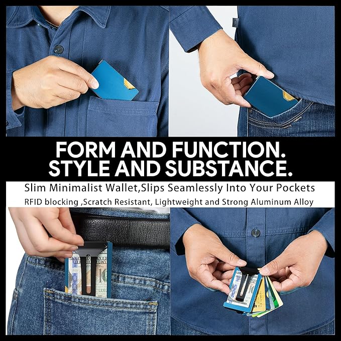 Carbon Fiber Minimalist Wallet for Men Credit Card Holder Money Clip & Cash Strap Slim RFID Mens Wallets(Matte Blue)