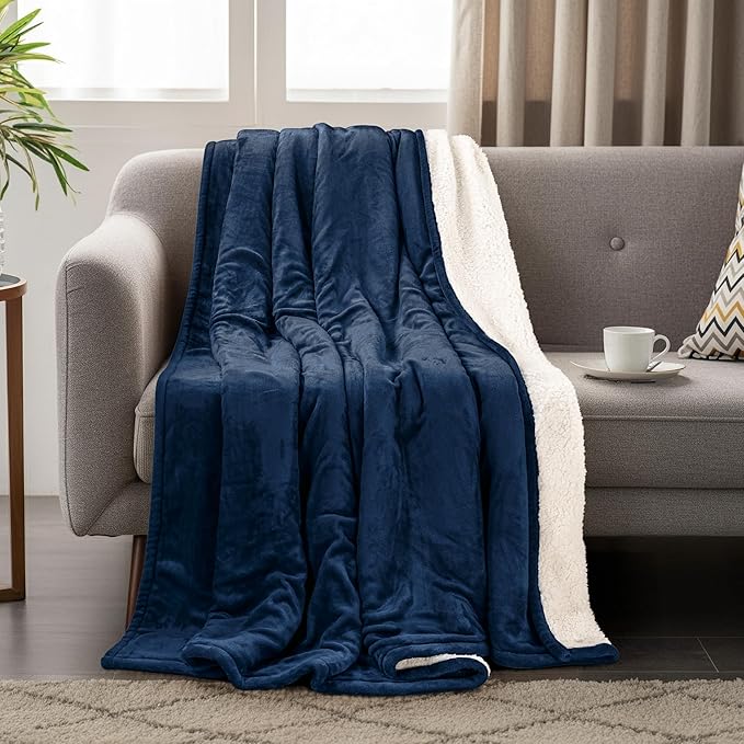 Utopia Bedding Sherpa Blanket King Size (Navy, 90x102 Inches) - Soft Lightweight Plush Fleece Reversible Blanket for Bed, Sofa, Couch, Camping and Travel