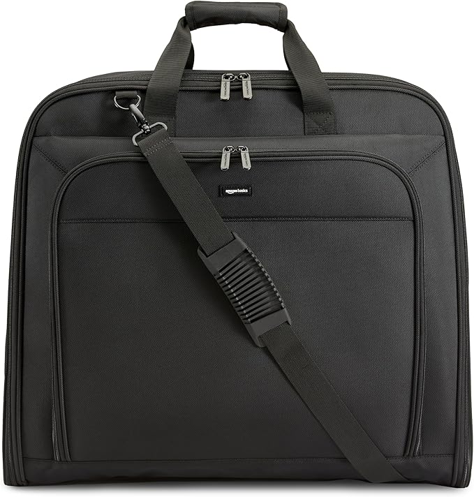 Amazon Basics 43" Travel Garment Bag Travel, Spacious Suit Bag with Detachable Shoulder Strap, Exterior/Interior Pockets, Leather-reinforced Corners, Trifold, Black