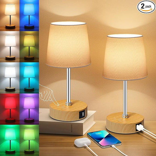 Ascher Small Bedside Table lamp Set of 2, RGB Color Changing Lamps, 3 Color Temperatures, Stepless Dimmable, Nightstand Lamp with USB C+A Ports for Bedroom Living Room, (White Shade, Wood Grain Base)