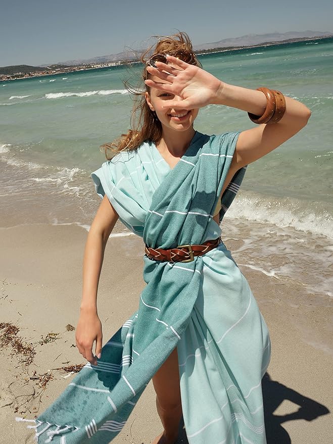 BAY LAUREL Turkish Beach Towel with Travel Bag 39 x 71 Quick Dry Sand Free Lightweight Large Oversized Towels Light - (Aqua with Blue Floral Bag)