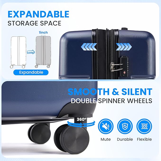 Simple Deluxe 20 Inch Hardside Carry On Luggage, Suitcase with Double Spinner Wheels & TSA Lock, Hard Shell Suitcase, Expandable Rolling Lightweight Luggage, Blue