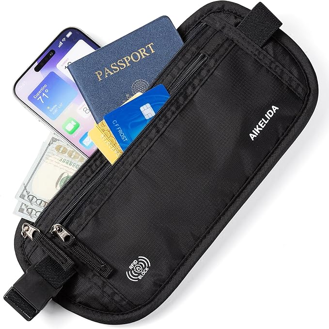 RFID Blocking Money Belt - Passport Holder & Travel Wallet, Slim Hidden Fanny Packs for Women Men - Black