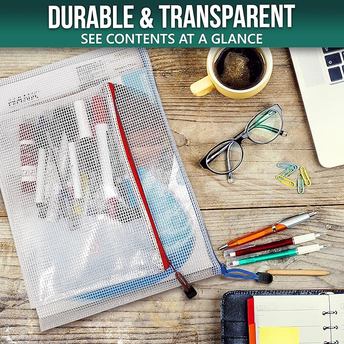 16 Pack Assorted Sizes Plastic Mesh Zipper Pouches for Storage & Organize Board Games - Puzzles - Documents - Bills - School and Office Supplies - Travel - Makeup - Multisize Mesh Zipper Pouch