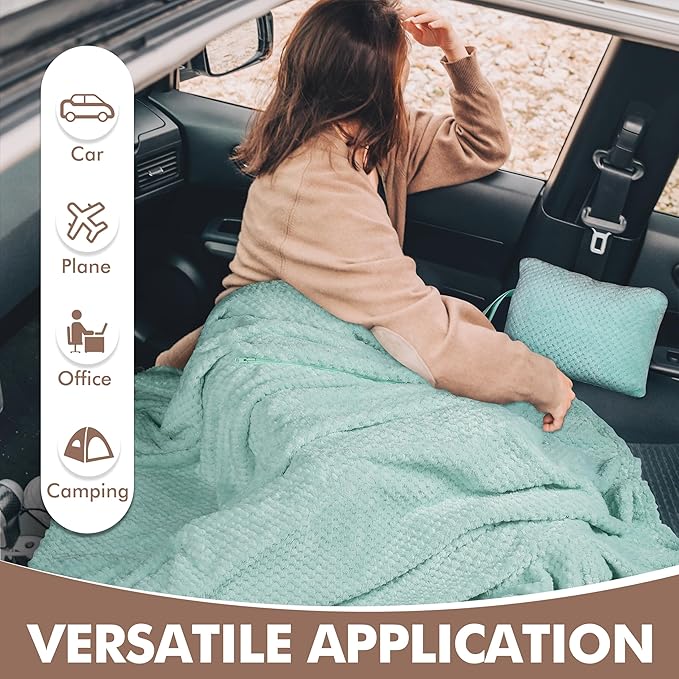 Tirrinia Travel Blanket and Pillow Set, Soft Compact Airplane Blanket with Foot Pockets, 4-in-1 Travel Essentials for Women Men, Portable Travel Gifts for Her, Travel Blanket for Airplanes, Cars