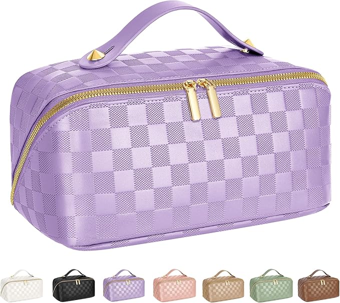 Large Capacity Travel Cosmetic Bag - Portable Makeup Bags for Women Waterproof PU Leather Checkered Makeup Organizer Bag with Dividers and Handle,Toiletry Bag for Cosmetics
