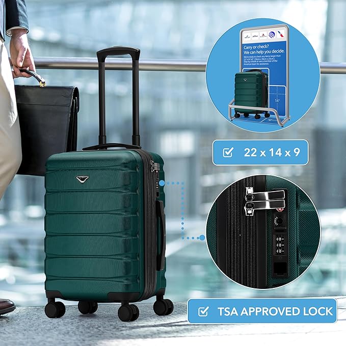 Flight Knight 22x14x9" Expandable Carry On Suitcase Hardside TSA Lock USB C Port Lightweight Luggage Silent Double Spinner Wheels Maximum Overhead Carry-On Bag For American & United Approved Airlines