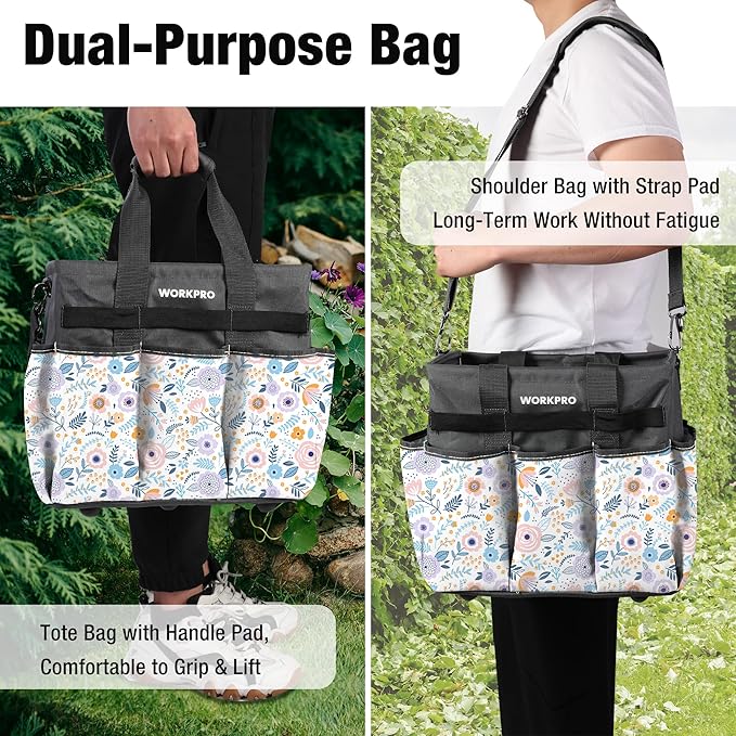 WORKPRO Garden Tool Bag, Heavy-Duty Gardening Tote Bag with 10 Pockets, Stand-Up Wide Mouth Tool Organizer, Adjustable Shoulder Strap, Large Capacity Storage – Floral White (Tools are not Included)