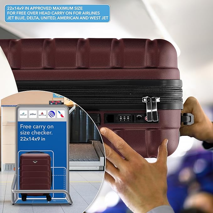 Flight Knight 22x14x9 Expandable Carry On Suitcase Hardside TSA Lock USB C Port Lightweight Luggage Silent Double Spinner Wheels Maximum Overhead Carry-On Bag For American United Approved Burgundy