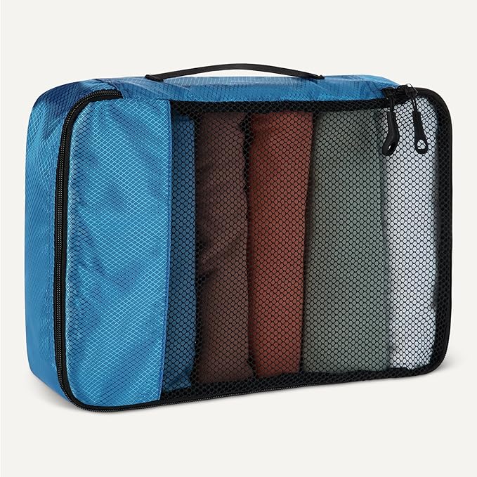 Amazon Essentials 4-Piece Packing Cubes Travel Accessories Set, Luggage Organizer with Double Zipper, Mesh Top, 100% Polyester, Small/Medium/Large/Slim, Sky Blue (Previously Amazon Basics)