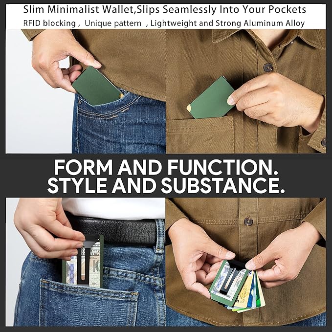 Minimalist Carbon Fiber Wallet for Men, Money Clip Cash Strap Wallet, RFID Blocking Metal Wallet Aluminum Card Holder,Front Pocket Wallet(Matte Green)