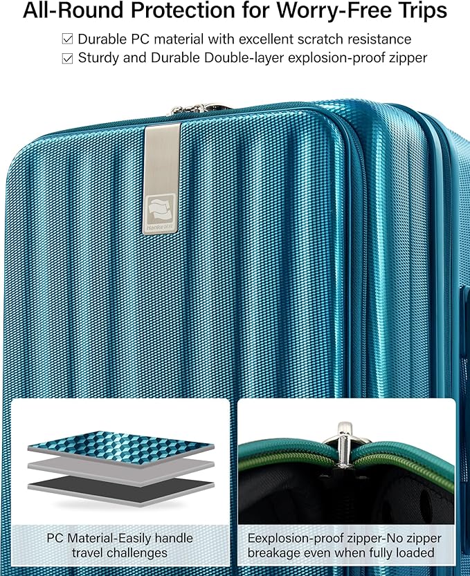 Hanke 20 Inch Expandable Carry On Luggage Airline Approved Top Opening Hard Shell Suitcases with Wheels Lightweight Travel Luggage Carry On Suitcase for Woman Men-Caribbean Blue