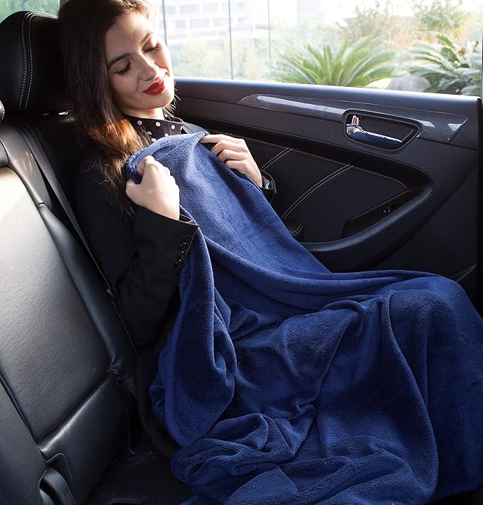 BlueHills Premium Soft Long Travel Blanket Pillow for Tall Airplane Flight Blanket Throw Luggage Belt & Backpack Clip Compact Packable Car Large 2 in 1 Combo Warm Gifts Navy Blue T051
