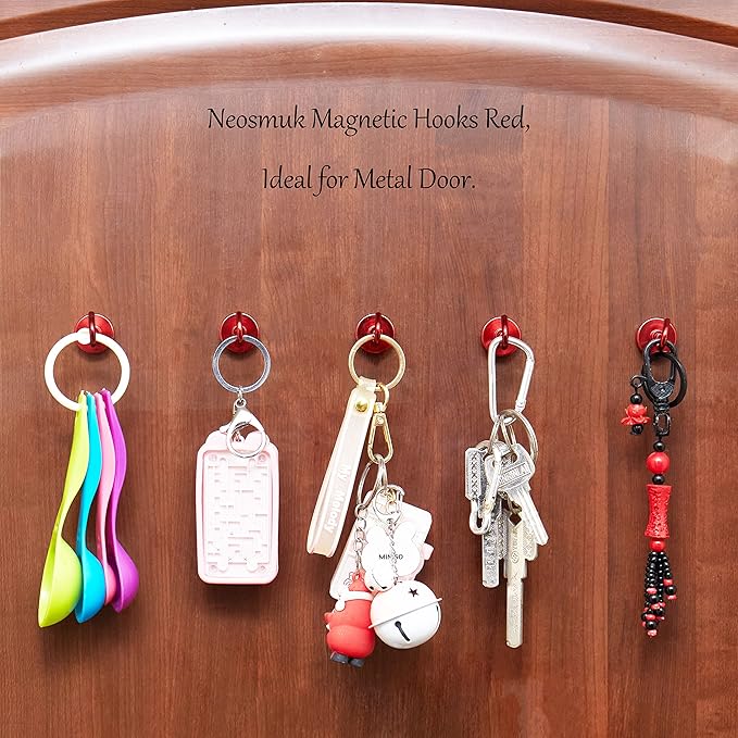 Neosmuk Magnetic Hooks,0.4lb Heavy Duty Earth Magnets with Hook for Refrigerator, Extra Strong Cruise Hook for Hanging, Magnetic Hanger for Cabins, Grill (Red, 6 Pack)