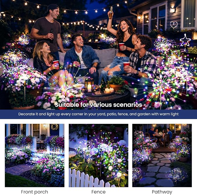 4Pack Solar Lights Outdoor, Multicolor Firework Lights | 120LED Fireworks Lights Solar Powered, Waterproof Fairy Garden Lights Decor Outside for Yard Pathway Lawn Patio