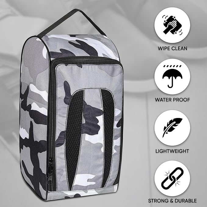 Shoe Bag Waterproof Sports Golf Boot Bag | Odor-Resistant Gym Kit Organiser Storage | Hiking Travel Dust-Proof Storage Bag for Wellington, Cowboy, Football, Rugby, Cricket Shoe (Gray Camo)