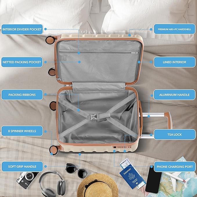 Flight Knight 21.5x15.5x9 Expandable Carry On Suitcase Hardside TSA Lock & USB C Port Lightweight Luggage Silent Double Spinner Wheels Maximum Canada Air Overhead Bag Airlines Approved Cream