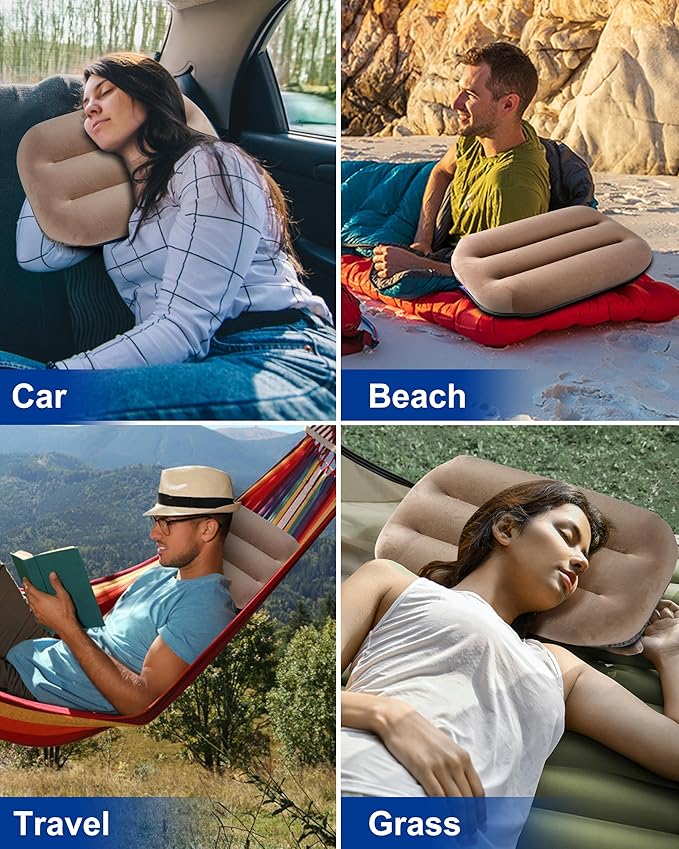 Ultralight Inflatable Camping Pillow for Sleeping – Soft Velvet Cover, Compact & Portable, Ergonomic Neck Support, Machine Washable Air Pillow, Perfect for Travel, Hiking, Backpacking – Brown