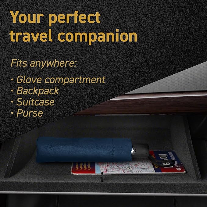 Windproof Compact Umbrella for Rain - 42” Travel Umbrella, Portable, Strong, Collapsible to 11”, Automatic Open Close Button, Vented Double Canopy with Fiberglass/Steel Frame, Wind Resistance to 55MPH