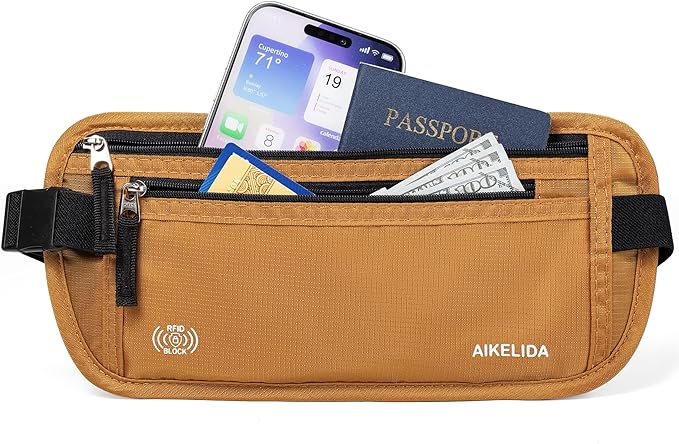RFID Blocking Money Belt - Passport Holder & Travel Wallet, Slim Hidden Fanny Packs for Women Men - Gold