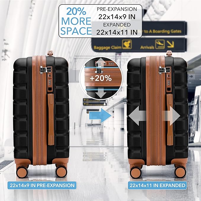 Flight Knight 22x14x9 Expandable Carry On Suitcase Hardside TSA Lock USB C Port Lightweight Luggage Silent Double Spinner Wheels Maximum Overhead Carry-On Bag American United Approved Black/Tan