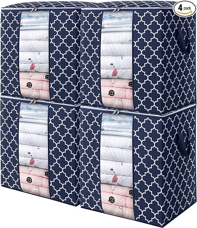 WISELIFE Storage Bags 4 Pack/100L Large Blanket Clothes Organization and Storage Containers for Comforters,Bedding, Foldable Organizer with Reinforced Handle, Clear Window, Sturdy Zippers,Blue