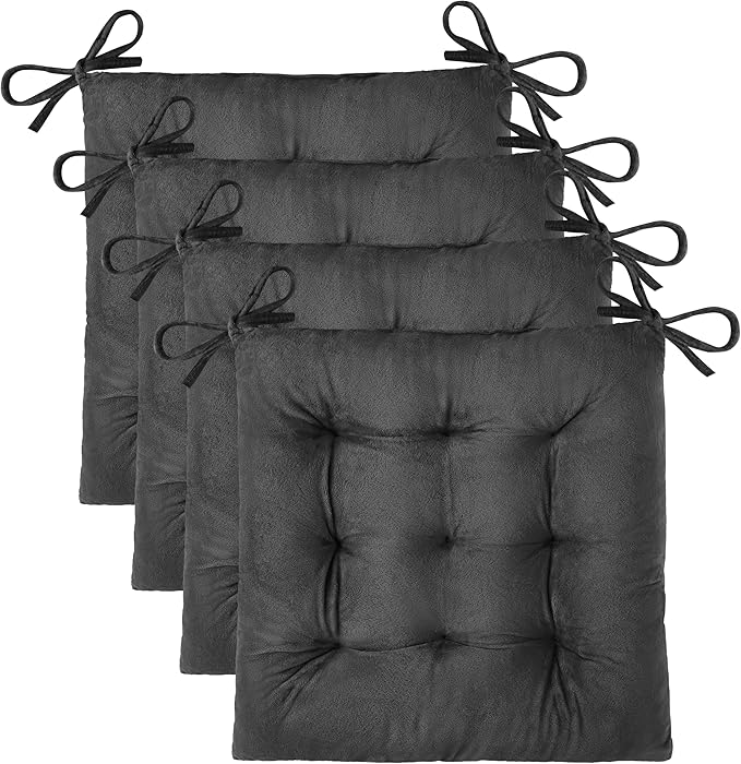 OVOV 4 Pack Chair Cushions for Dining Chairs Soft Seat Cushions for Kitchen Desk Chairs Square Chair Pads with Ties (15.5"x15.5" Dark Grey)