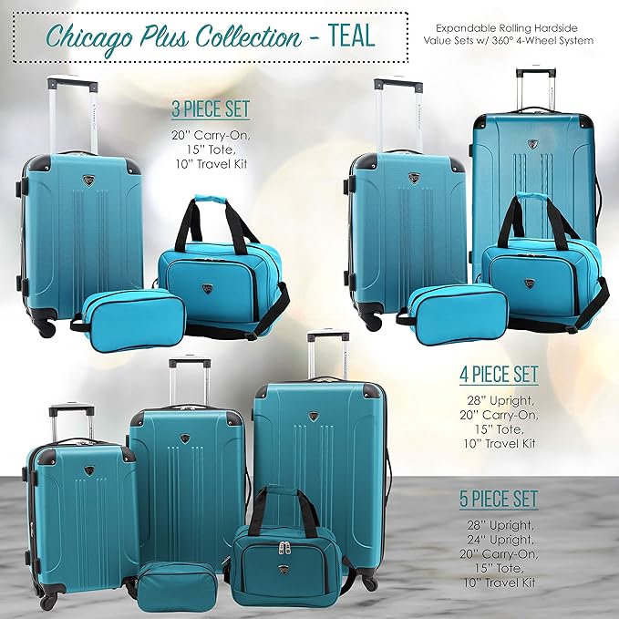 Travelers Club Chicago Hardside Expandable Spinner Luggage, Teal, 5 Piece Set