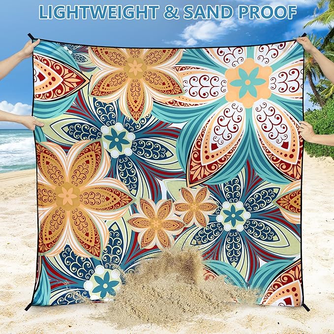 Beach Blanket Waterproof Sandproof Beach Mat for 1-8 Adults Quick Drying Durable Outdoor Picnic Mat for Beach Festival Travel Camping Hiking (Flourishing Blossom-R&GN, 79"×83"(4 Person))