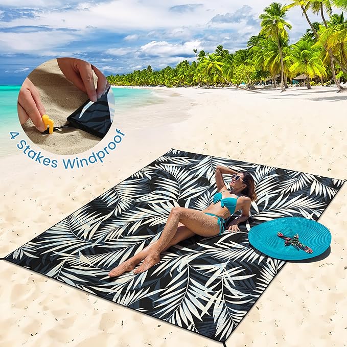 HIHOHO Beach Blanket Waterproof Sandproof Beach Mat 79”x 83” for 1-8 Adults Quick Drying Durable Outdoor Picnic Mat for Beach Festival Travel Camping Hiking (BK&W-Palm, 79"×83"(4 Person))