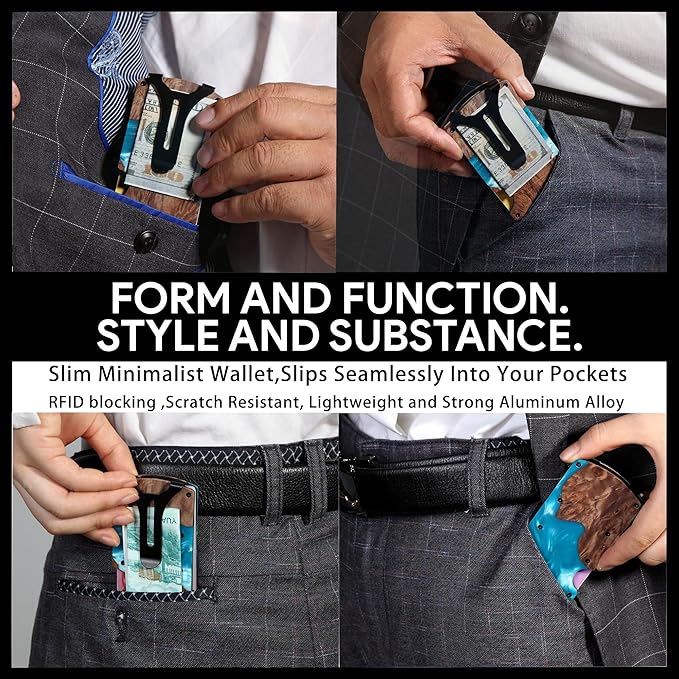 Carbon Fiber Minimalist Wallet for Men Credit Card Holder Money Clip & Cash Strap Slim RFID Mens Wallets,Resin Natural Walnut Wood,Unique Pattern,Orange