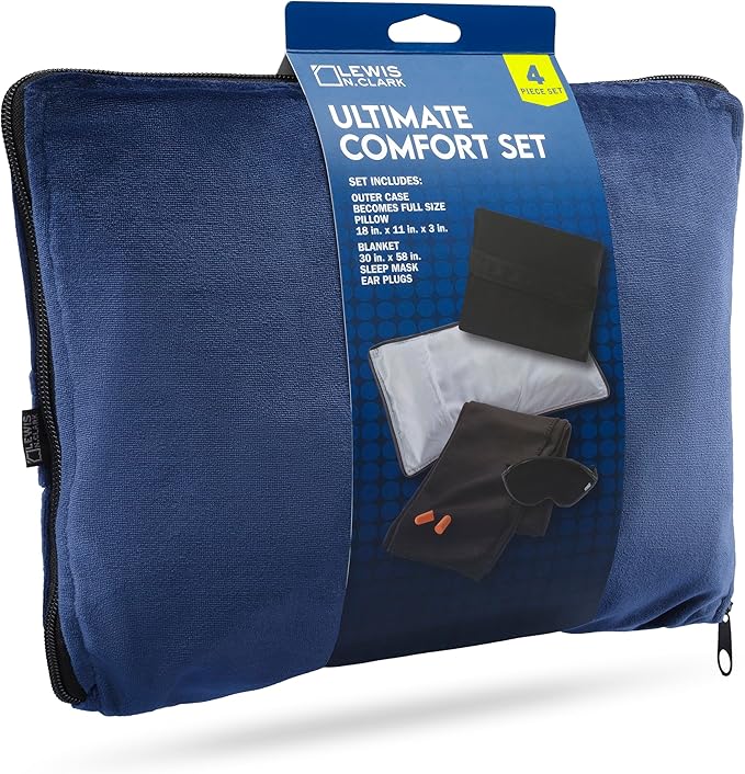 Lewis N. Clark Ultimate Comfort Set + Portable Travel Kit for Airplane, Includes Inflatable Pillow + Zippered Carrying Case, Cozy Fleece Blanket, Eye Mask for Sleeping & Foam Ear Plugs, Navy