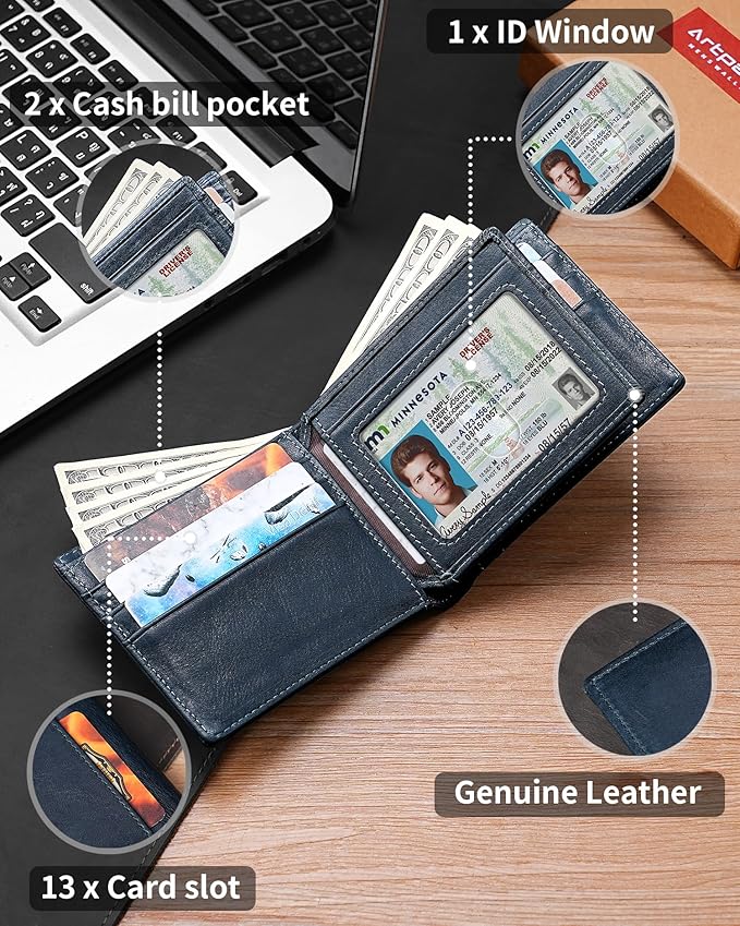 Artpaxy Mens Wallet Bifold Genuine Leather RFID Blocking Wallet for Men with 1 ID Windows 13 Card Holders 2 cash pockets 1 Gift Box