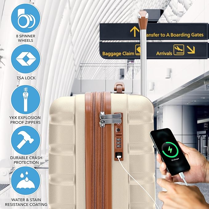 Flight Knight 21.5x15.5x9 Expandable Carry On Suitcase Hardside TSA Lock & USB C Port Lightweight Luggage Silent Double Spinner Wheels Maximum Canada Air Overhead Bag Airlines Approved Cream