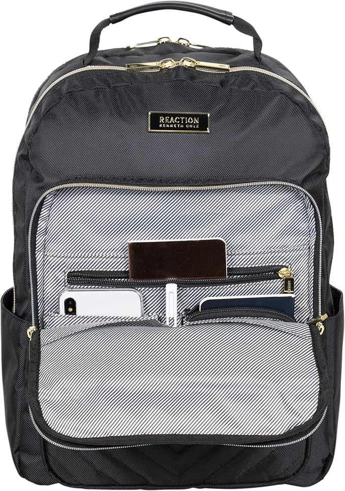 Kenneth Cole REACTION Madison Square Lightweight Hardside Chevron Expandable Spinner Luggage, Black, 2-Piece (20" Carry On + Backpack)