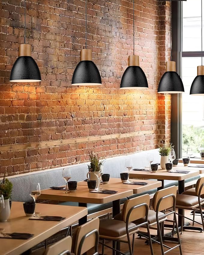 ELYONA Industrial Hammered Pendant Light 7” Small Solid Wood Hanging Lamp with Hammered Metal Shade, Farmhouse Pendant Light Fixtures for Kitchen Island, Dining Room, Bedroom, Office, Modern Black